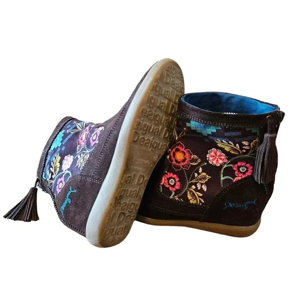 Desigual Carlas Suede Leather Bohemian Floral Hippie Ankle Brown Boots Size 37. - Picture 12 of 13
